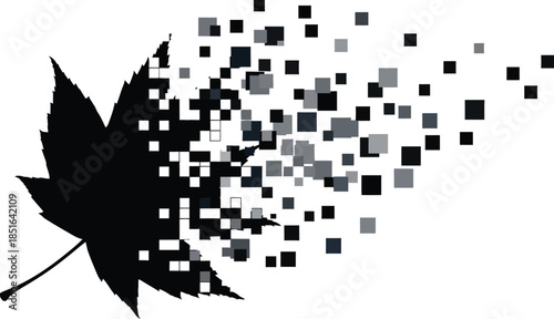 Black maple leaf dissolving into a swarm of grey and black squares on a white background autumn fall