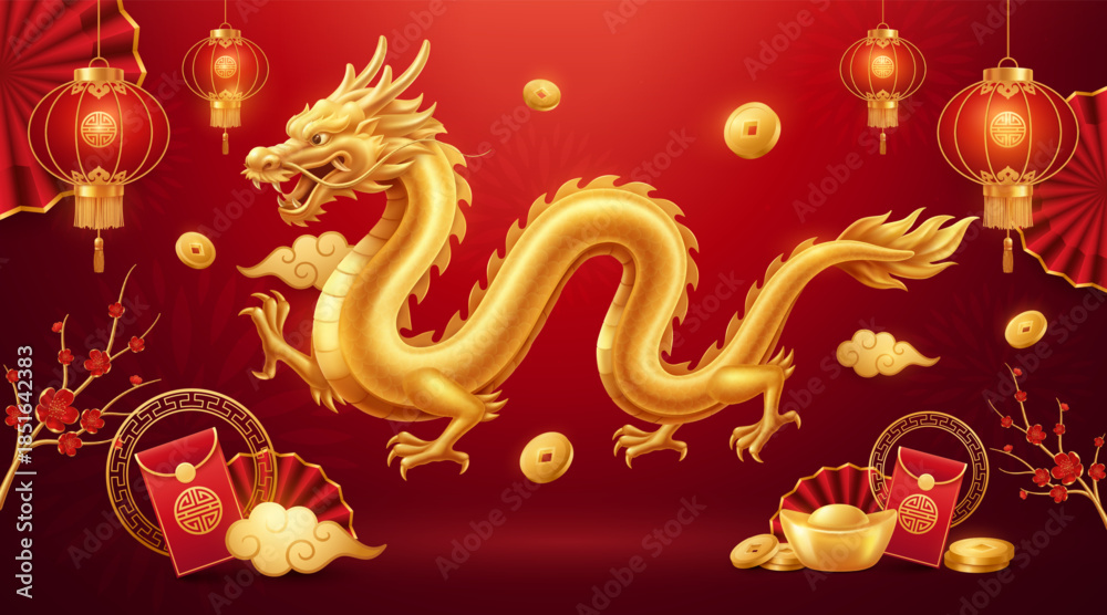 Fototapeta premium Chinese New Year Background with Golden Dragon and Red Lanterns