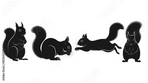 Black Squirrel Silhouette Vector Set Showing Various Poses