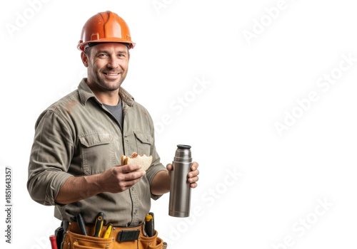 Construction worker takes a well-deserved break with a hot drink white background