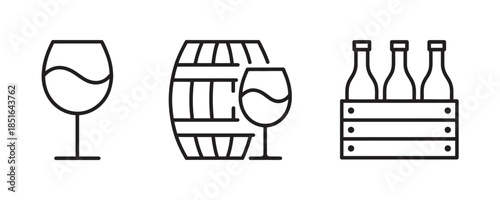 Wine and barrel icons in minimalist line art style for design