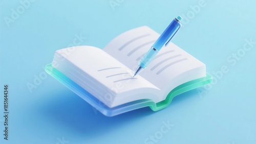Futuristic blue and white color with a hint of green, frosted texture, book open picture icon, a pen writing
