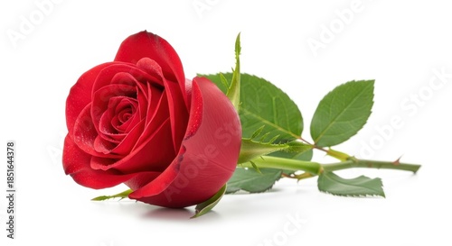 Beautiful red rose flower with green leaves isolated isolated on white background