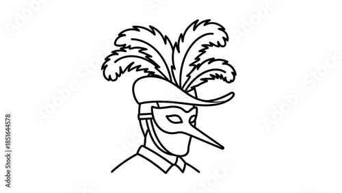 Illustration of a person wearing a Venetian mask and feathered hat.