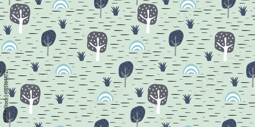 Natural seamless pattern. Forest of trees on green background, plant and stone. Landscape, environment. Flat cartoon design. For wallpaper, textiles, packaging, backgrounds or websites. Vector.
