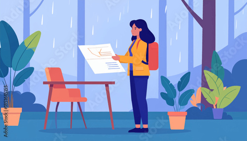 Person holds a paper with graphs while standing in a forest during a rain shower