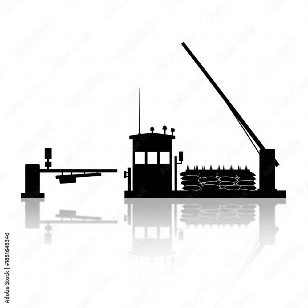 Fototapeta premium Black silhouette of a cargo ship with crane and containers with reflection