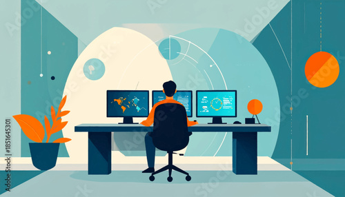 Person sits at desk, facing three monitors. Abstract background includes charts, a world map, and a plant