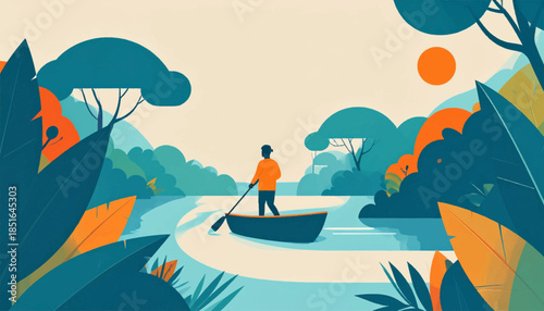 Person rows a boat down a river, surrounded by colorful leaves and trees, with sun in the background