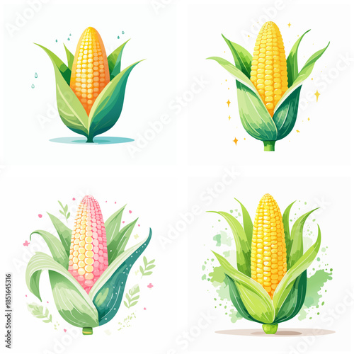 Corn cobs on the stalk illustrations watercolor style isolated on white background depicting food and agriculture for various design projects