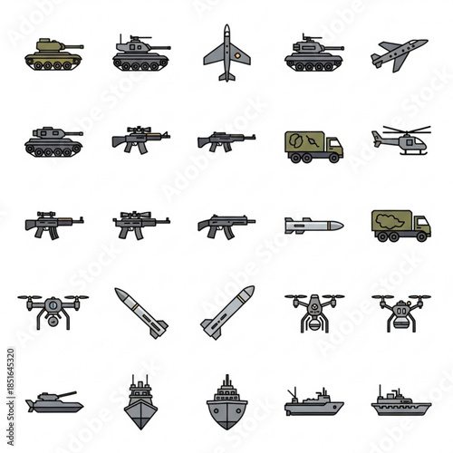 Military vehicles and weapons icons set including tanks, planes, and ships