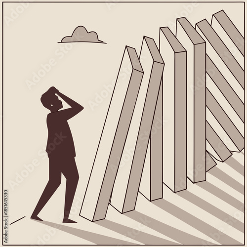 Man trying to stop domino effect symbolizing crisis prevention and problemsolving.