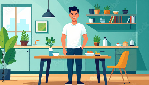 Person standing in a teal kitchen, with plants, a window, and a table with fruit. Flat style illustration