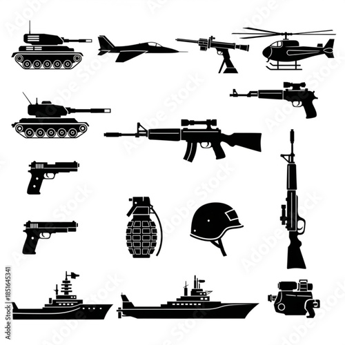 Black silhouettes of various military weapons and vehicles