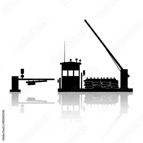 Black silhouette of a cargo ship with crane and containers with reflection