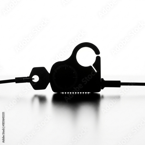 Black silhouette of a cable lock on a white surface with reflection