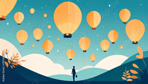 Person stands before a sky full of glowing hot air balloons, with stylized blue mountains and foliage