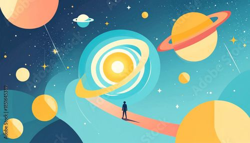 Person stands on path among stylized planets in a colorful, starry space scene