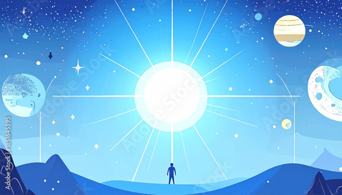 Person stands before bright light in a blue landscape under a starry sky with planets