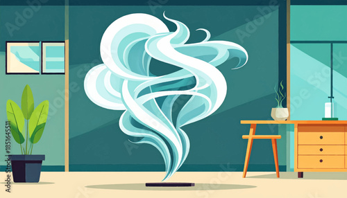 Interior scene featuring stylized smoke plume, desk, plant, paintings, against a teal wall in a minimalist design