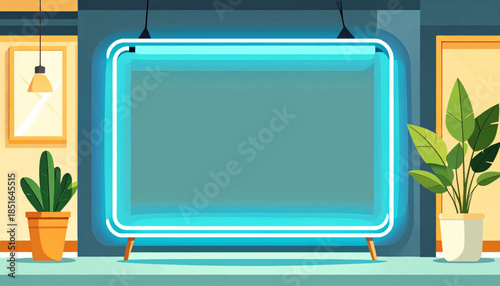 Interior scene glowing blue screen, framed picture, hanging lamp, two potted plants against yellow & blue walls