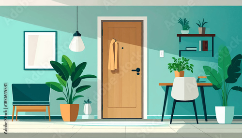 Interior scene with plants, furniture, and a door in a stylized, modern illustration, evoking a sense of calm