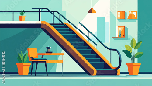 Interior scene with escalator, chair, table, potted plants, and abstract art in shades of blue, orange, and green