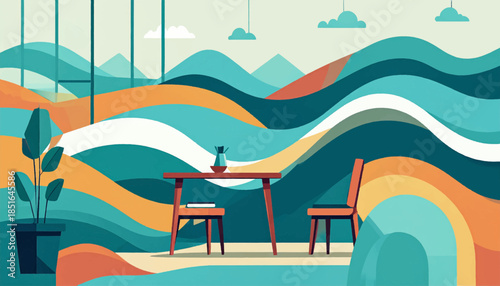 Interior scene with wavy landscape, featuring table, chair, plant and vase in a teal, orange, and white palette