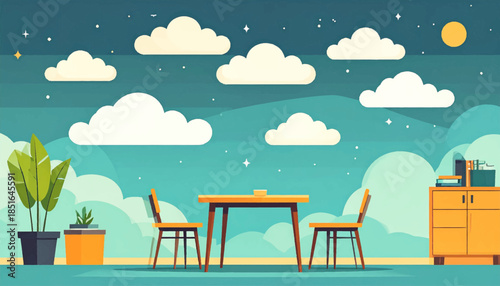Interior setting with table, chairs, potted plants, & cabinet against a cloudscape backdrop with moon and stars