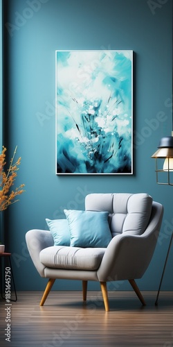Modern living room featuring a stylish light gray armchair with blue cushions and an abstract painting on a teal wall.