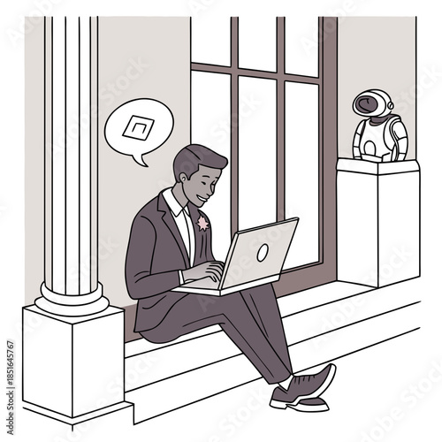 Man working on laptop with a robot nearby.