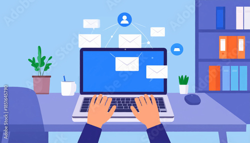 Hands type on a laptop amid floating mail icons, desk with plant, mug, mouse, bookcase, and chair in a blue room