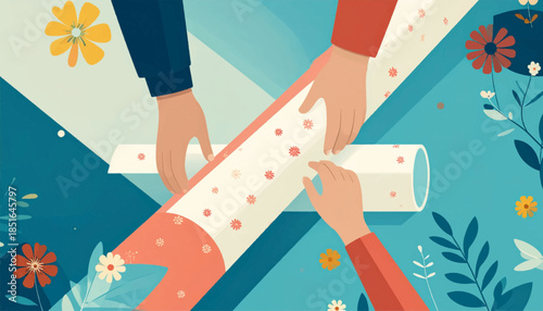 Hands work together to unroll a floral-patterned scroll on a blue background with floral embellishments