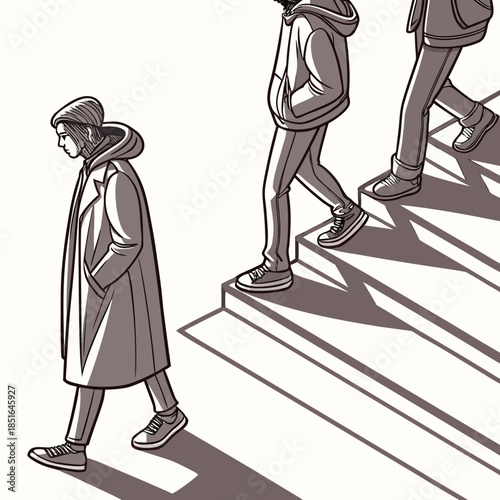 People walking down stairs in a line with one person walking in the opposite direction creating a sense of individuality and divergence.
