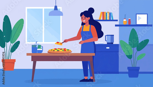 Stylized cartoon scene woman serves pizza in a blue kitchen with potted plants and books