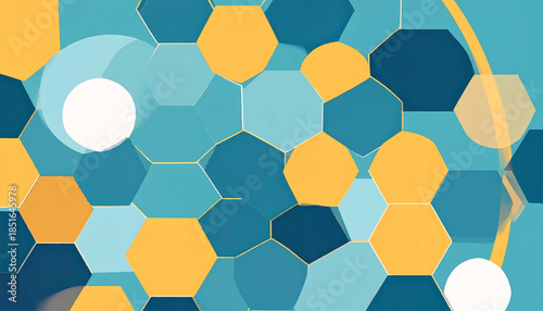 Hexagon medley varied blues and gold coalesce with floating orbs in a captivating tessellated dance