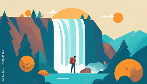 Hiker stands before waterfall in minimalist scenic landscape with trees, rocks, and sun in soft earth tones