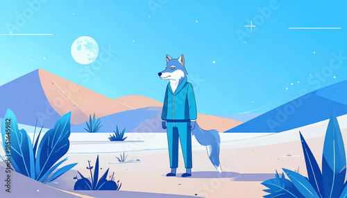 Illustration of a stylized wolf in a blue suit, standing in a surreal, desert landscape under a moonlit sky