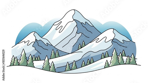 Snowy Mountains with Pine Trees Illustration on White Background