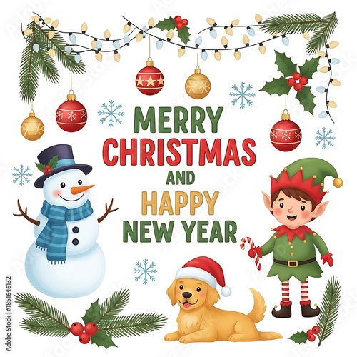 Merry christmas and happy new year greeting card illustration