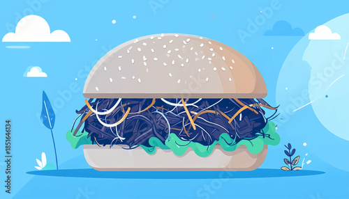Stylized, cartoonish burger filled with dark, shredded filling, set against a light blue sky with cartoon clouds