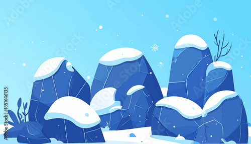 Stylized, cartoonish winter landscape with snow-covered rock formations against a light blue, snowy sky