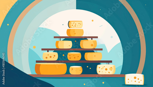 Stylized cheese display on shelves with cool-toned background in a flat graphic design