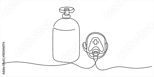 Continuous line art of an oxygen tank and a medical face mask for respiratory support Vector, illustration