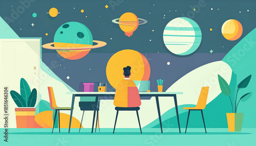 Person working at desk with planets in background, bright and graphic with flat design and varied geometric shapes