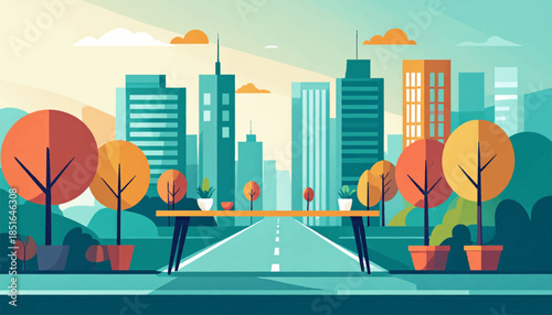 Stylized city landscape featuring trees, planters, buildings, a road, and clouds in shades of orange, teal, and cream