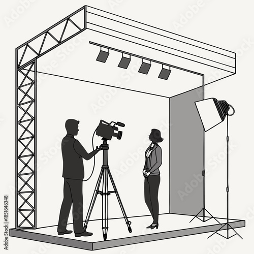 Professional video production setup with crew and talent.