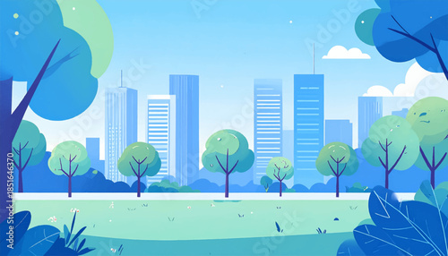 Stylized city park illustration featuring trees, grass, flowers, and a city skyline in shades of blue and green