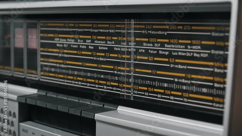 Close-up of a vintage radio receiver analog frequency dial with yellow text. The tuning needle moves across the black display markings to find a broadcast signal.