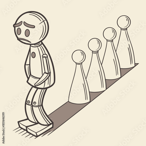 Sad robot standing next to a line of pawns illustrating a feeling of being left out or different.